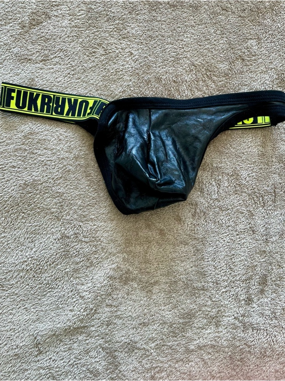 Black Faux Leather Thong with Yellow Branded Waistband from Andrew Christian